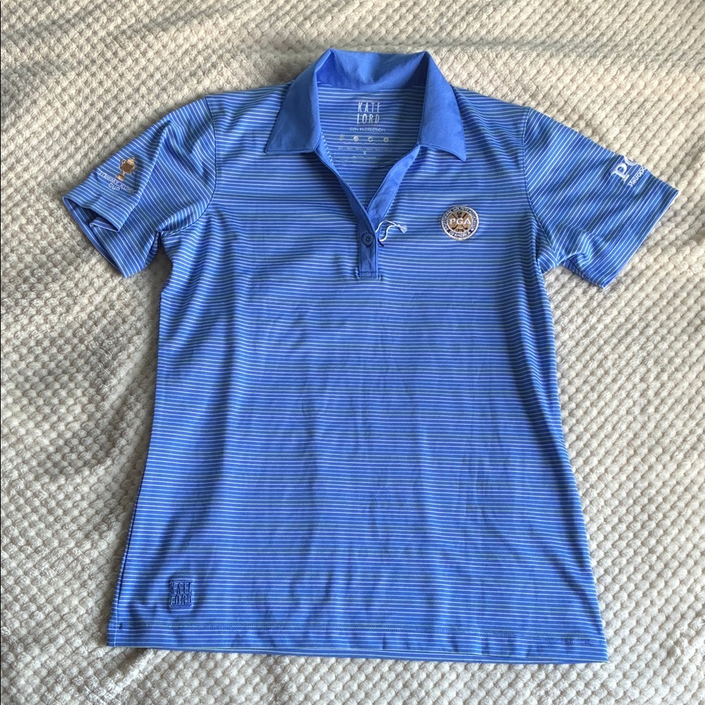 Kate Lord Blue Striped Sun Protection PGA CUP Shirt Brand New SWT Size Small
